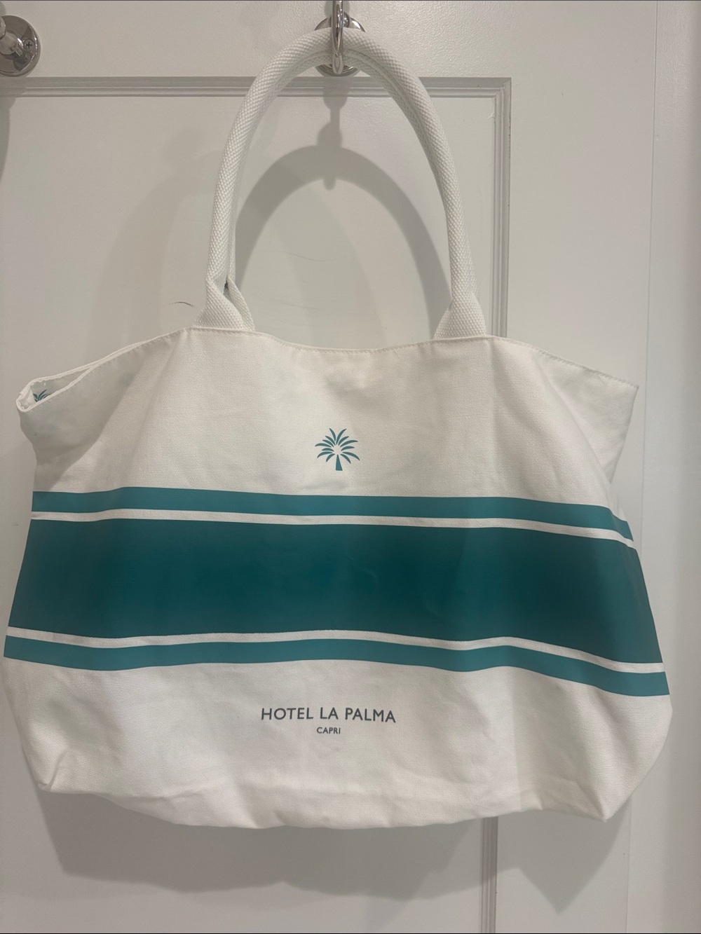 Hotel La Palma Capri Canvas Tote Bag in White and Teal NEW